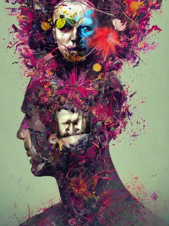 Prompt: art portrait of man with flower exploding out of head,by tristan eaton,Stanley Artgermm,Tom Bagshaw,Greg Rutkowski,Carne Griffiths,trending on DeviantArt,face enhance,chillwave,minimalist,ghost in the shell,full of colour,