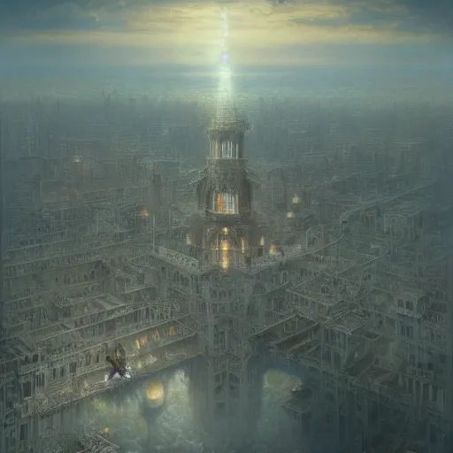 Image similar to a beautiful hyper realistic detailed matte painting of a city floating in the air might looks like creativity by john howe, greg rutkowski, aerial view, unreal engine, barometric projection, rectilinear, octane render, well - rendered, ellen jewett, beautiful surreal palatial pulsar at dawn, gustave dore, ferdinand knab, jeff easley
