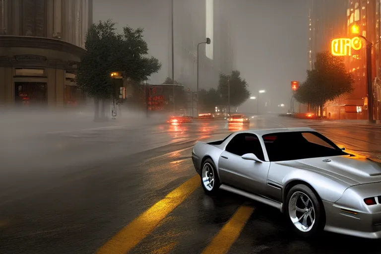 Image similar to hyperdetailed, photorealistic photograph of a 2 0 0 2 pontiac firebird trans - am drifting in the streets, rain, night, dense fog, hd, unreal engine 5 by greg rutowski, by stanley artgerm, by alphonse mucha