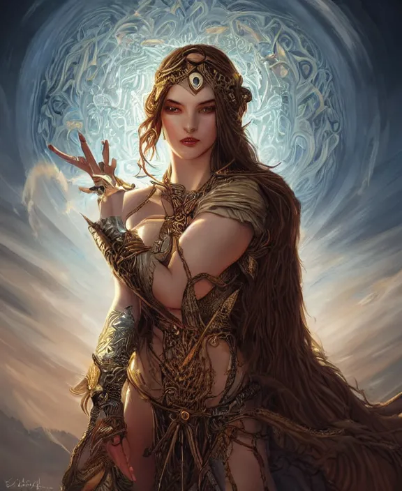 Image similar to a highly detailed symmetrical painting of a sorceress with piercing beautiful eyes, spring tundra setting, dynamic lighting, ambient lighting, deviantart, art by mark brooks and artgerm and karol bak