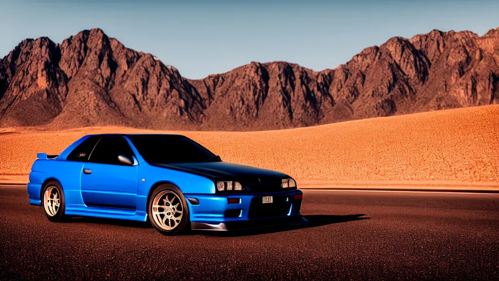 Image similar to three quarter front photo of a stock dark grey nissan r 3 2 skyline gtr on a road in a desert with a mountain in the background in the early morning, car photography, zoom lens, blue hour, photorealistic