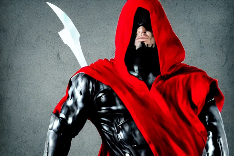 Image similar to a twin blade muscular swordsman, red and black cape and hoodie, scary, intimidating, worn out clothes, torn clothes, as a panel of a Marvel comic