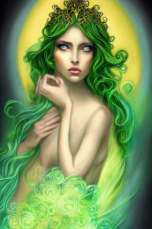 Image similar to a magic the gattering illustration of a woman angel , fantasy, gradient black green gold, dreamy and ethereal, green eyes, golden ratio, peaceful expression, ornate frilly dress, fantasy, intricate, elegant, rainbow splash of ink, highly detailed, digital painting, artstation, concept art, smooth,b sharp focus, illustration, art by scott fisher