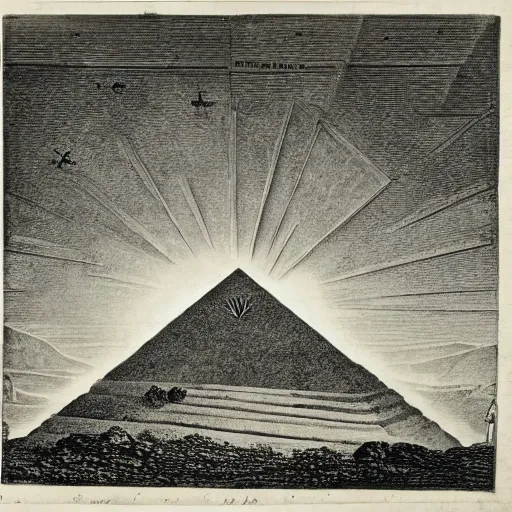 Image similar to A 1780s etching of a barren landscape dominated by an unfinished pyramid of 13 steps, topped by the Eye of Providence within a triangle. Roman numerals are engraved at the base of the pyramid.