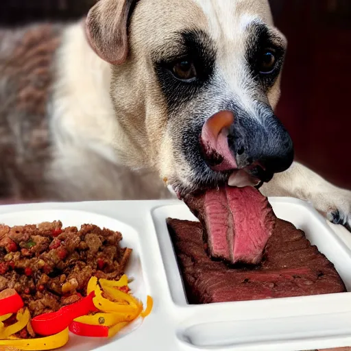 Image similar to courage the dog eating sloppy steaks