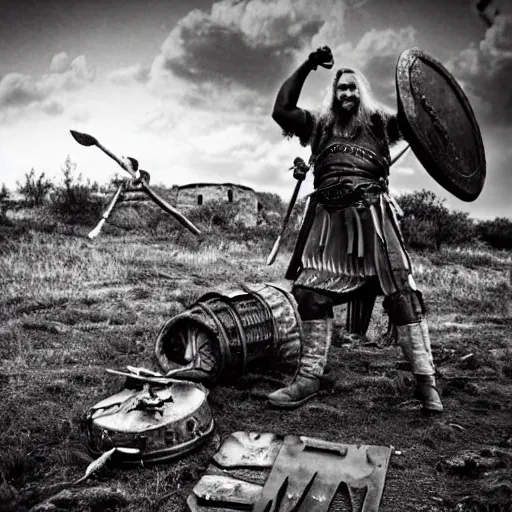 Image similar to viking in war armor working on the flying ancient device, tools and junk on the ground, old village in the distance, vintage old photo, black and white, sepia