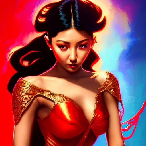 Image similar to nadine lustre as darna, volumetric lights, red and cyan theme, art nouveau botanicals, intricate, highly detailed, digital painting, artstation, concept art, smooth, sharp focus, cinematic, illustration, beautiful face, art by artgerm and greg rutkowski and alphonse mucha