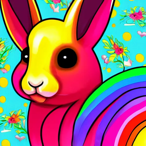 Prompt: portrait friendly cute happy stylish realistic rainbow rabbit. background in the style of art nouveau. lively. colorful. hd.