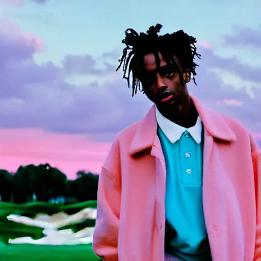 Prompt: a photoshoot for a new golf le fleur clothing line starring playboi carti, 8 k concept art, golden hour, vintage, pink skies, cloudy, dreamy, extremely detailed