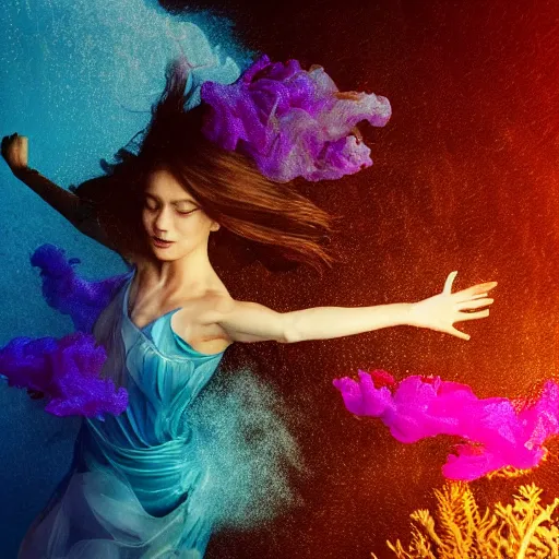 Image similar to beautiful realistic woman dancing underwater wearing a flowing dress made of blue, magenta, and yellow seaweed, delicate coral sea bottom, swirling silver fish, swirling smoke shapes, octane render, caustics lighting from above, cinematic