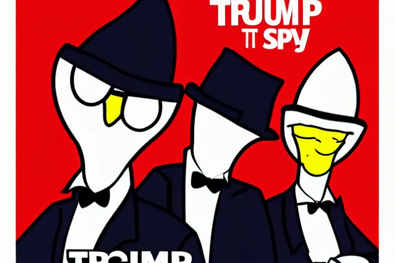 Image similar to poster illustration of donald trump and donald trump wearing trench coats and big black hats starring in spy vs spy