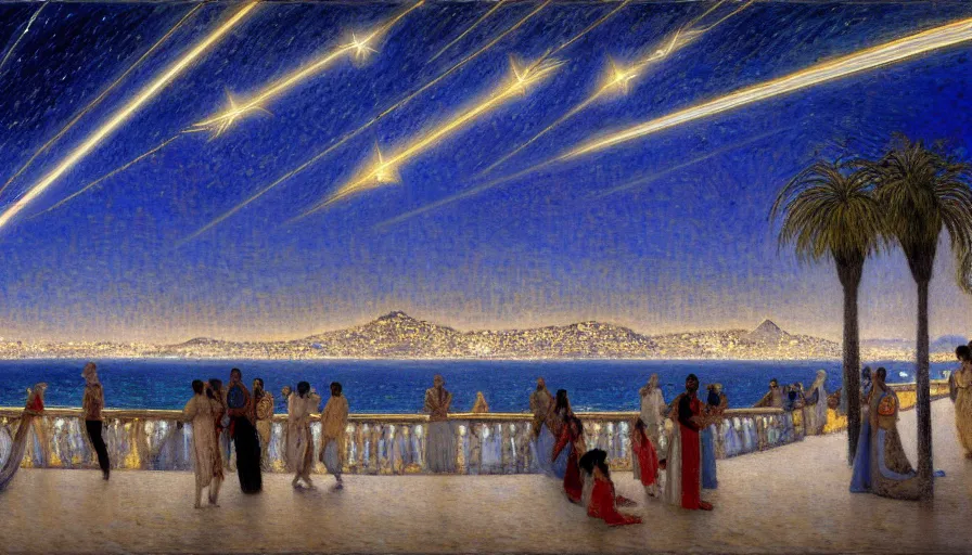 Prompt: a ultradetailed beautiful painting of the night sky of the rio de janeiro palace balustrade designed by jules bastien - lepage, tarsila do amaral, frank weston and gustave baumann, beach, trending on artstation, mediterranean, palm trees, sharp focus, lightning star sparkles refraced lines, soft light, 8 k