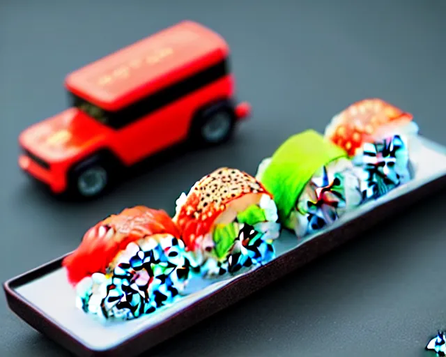 Image similar to A sushi tractor, sharp focus, toy photography by Artgerm and Greg Rutkowski and WLOP