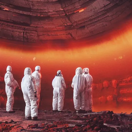 Image similar to wide - shot photo of a group of scientists in hazmat suits, studying a hell open rift portal, by shaun tan, codachrome, hellish, unsettling, otherworldly, blood, machines, 8 k, hd, highly detailed,