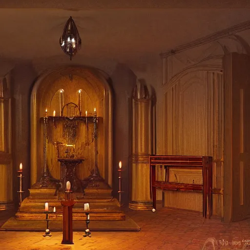 Prompt: realistic photo of an occult art nouveau room interior, old furniture, altar, candles, gloomy volumetric lights