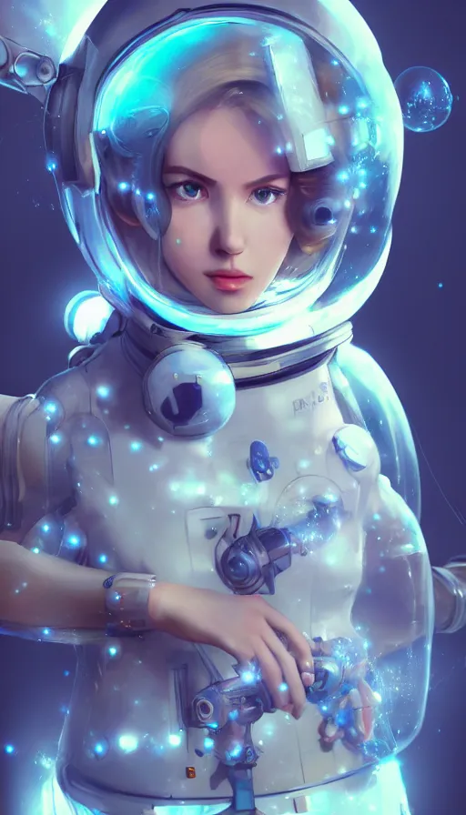 Prompt: Princess Rosalina in a scifi futuristic mech space suit by Ilya Kuvshinov, glass bubble helmet metal plastic neon lights, concept art Hyper realistic redshift render, artstation