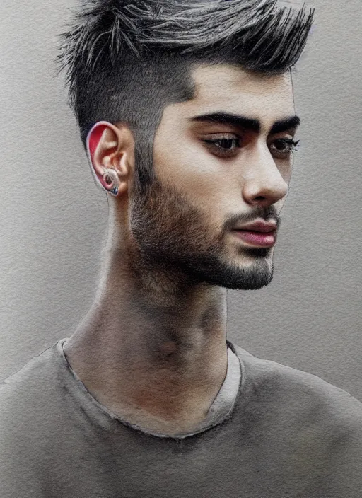 Image similar to portrait, Zayn Malik as the last spark of color lays in the heart of a poet walking through a grey world, watercolor, dramatic lighting, cinematic, establishing shot, extremely high detail, foto realistic, cinematic lighting, pen and ink, intricate line drawings, by Yoshitaka Amano, Ruan Jia, Kentaro Miura, Artgerm, post processed, concept art, artstation, matte painting, style by eddie mendoza, raphael lacoste, alex ross