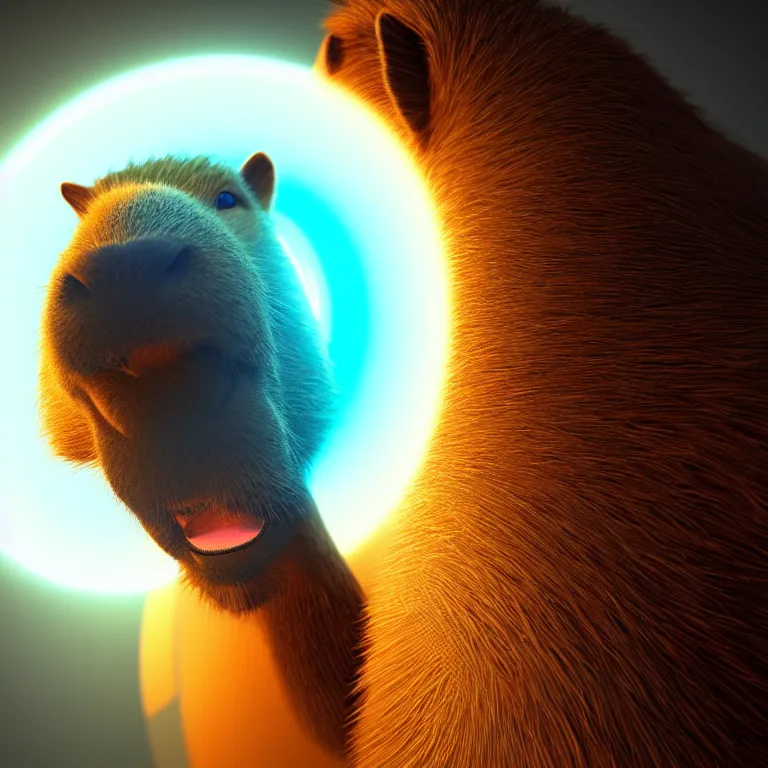 Prompt: a capybara behind a colorful ring light, octane render, trending on artstation, greg rutkowski very coherent symmetrical artwork. cinematic, hyper realism, high detail, octane render, 8 k