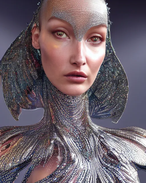 Image similar to a highly detailed metahuman 4 k close up render of an alien goddess bella hadid as alien in iris van herpen dress schiaparelli in diamonds crystals swarovski and jewelry iridescent in style of alphonse mucha gustav klimt trending on artstation made in unreal engine 4