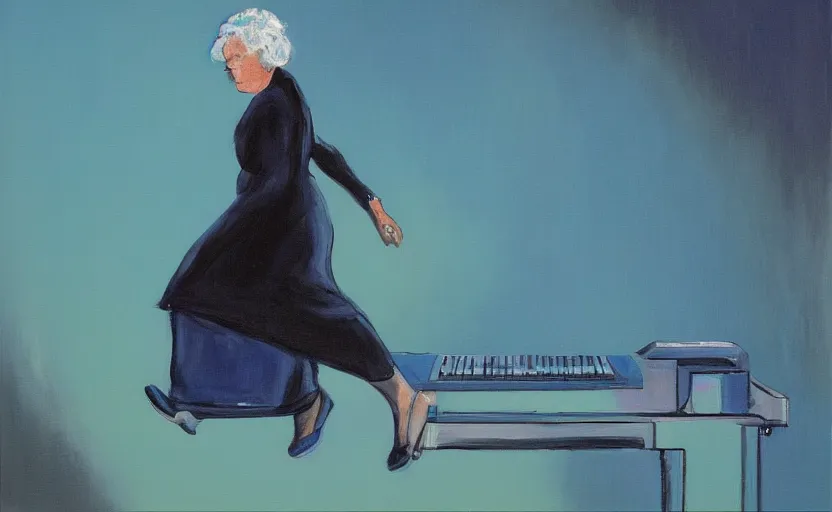 Image similar to a painting of an old woman walking across the keyboard of a giant laptop, high quality, smooth, blue period