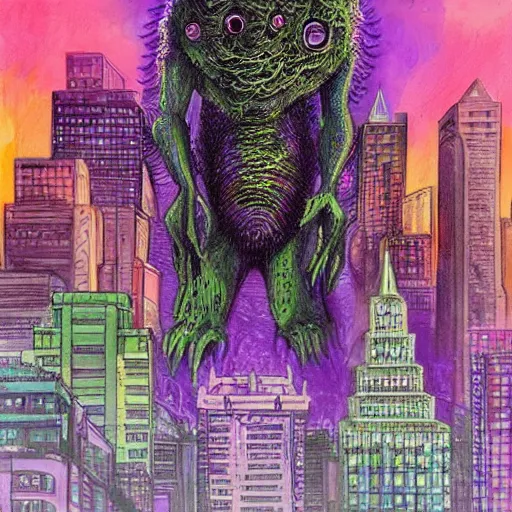 Image similar to A beautiful painting of a large, monster looming over a cityscape. The monster has several eyes and mouths, and its body is covered in spikes. It seems to be coming towards the viewer, who is looking up at it in fear. neon purple, realism, infrared by Dustin Nguyen