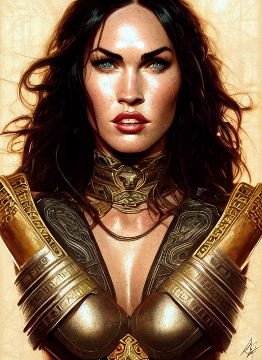 Prompt: portrait of megan fox as gladiator, roman, shield, arena, intricate, headshot, highly detailed, digital painting, artstation, concept art, sharp focus, cinematic lighting, illustration, art by artgerm and greg rutkowski, alphonse mucha, cgsociety