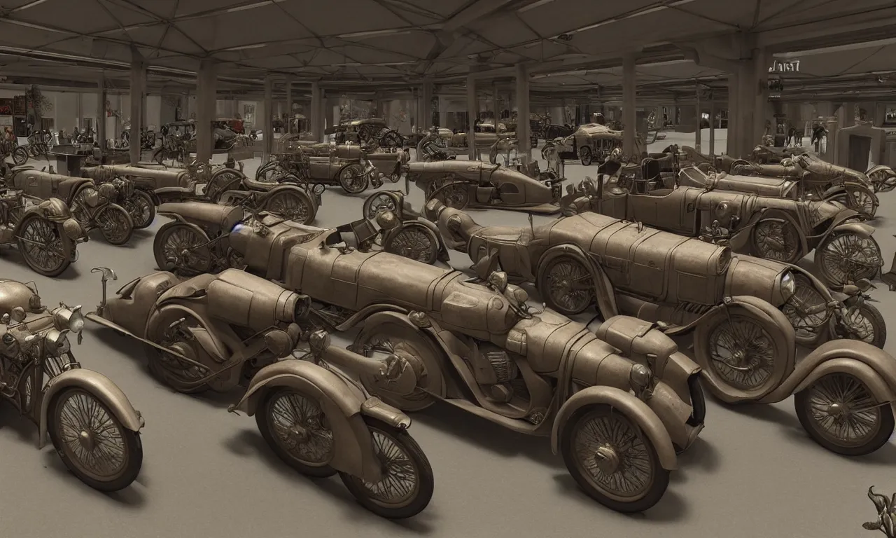 Image similar to exhibition hall of full of restomods cars, restomods bikes, dieselpunk, high detail, shading unreal engine 5, by leonardo da vinci, ambient occlusion