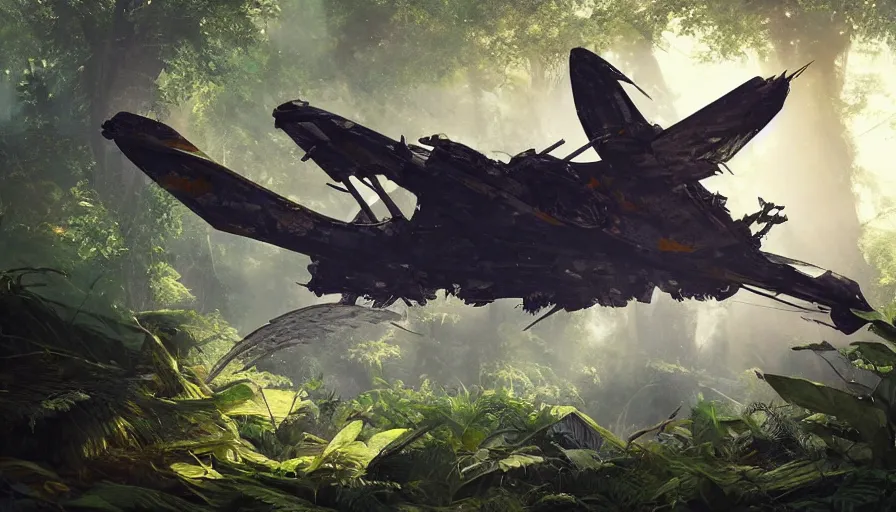 Image similar to a beautiful painting of a crashed klingon bird of prey in a lush jungle, ray traced lighting by kalin popov and greg rutkowski