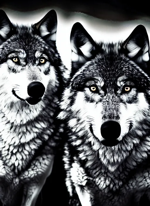 Image similar to two wolves black and white portrait white sky in background