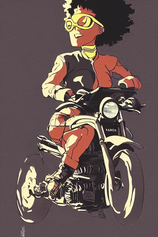 Image similar to black woman with goggles riding motorbike, afro hair, clean lines, bold outline, golden ratio, cowboy bebop, pop art, graphic, ilya kuvshinov, jamie hewlett, yoji shinkawa, muted colors, beautiful detailed illustration, 17th century oil painting, flat colors, studio ghibli, cel shading,