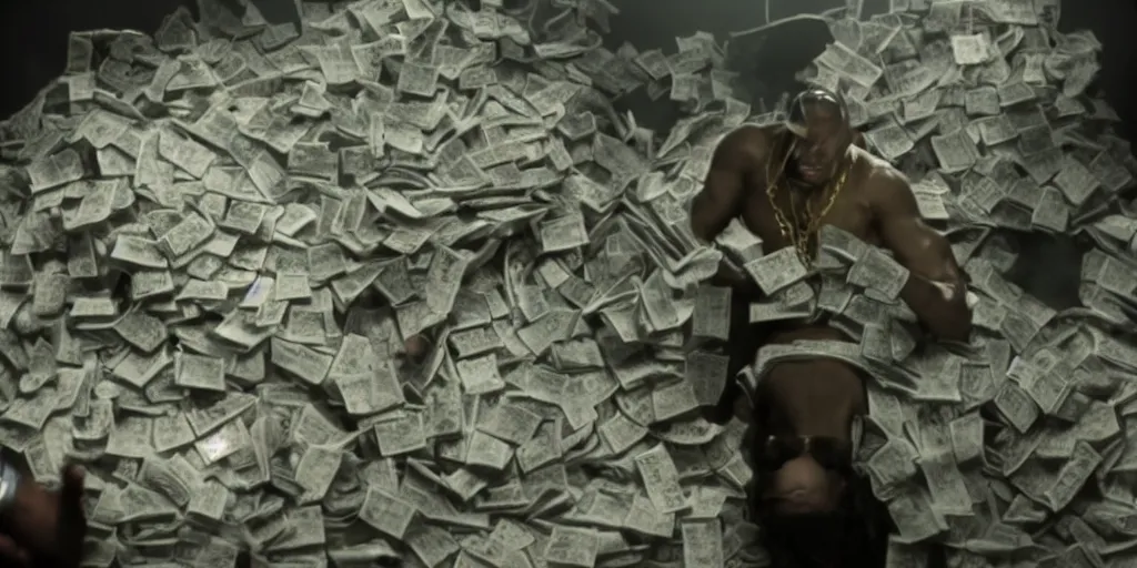 Image similar to a film still of cash money on fire while piling up in a vault, shallow depth of field, cinematic, award winning cgi, vfx, film still