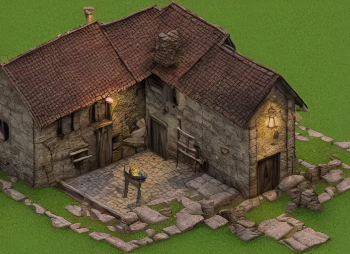 Image similar to medieval vampire village house, 3d model, miniature, iso, isometric view, gas lighting, stone and wood, dead tree, digital art, unreal engine