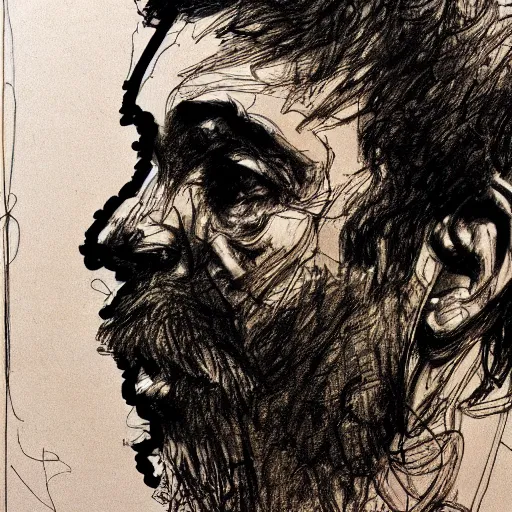 Image similar to a realistic yet scraggly portrait sketch of the side profile of a stern and sophisticated gene ween, trending on artstation, intricate details, in the style of frank auerbach, in the style of sergio aragones, in the style of martin ansin, in the style of david aja, in the style of mattias adolfsson