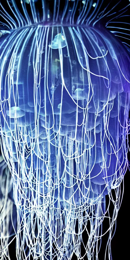 Image similar to at night, big blue jellyfish glowing in the night, very close detailed closeup, bokeh