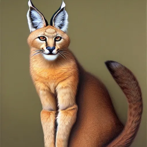 Image similar to fullbody portrait of cute fluffy caracal, wearing laurel wreath on his head, illustration, high detail, francine van hove