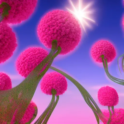 Prompt: hd futuristic blissful idyllic landscape full of cgi flowers and blossoms blooming under a false bright pink sun, hd, hyperrealistic, hyper detailed