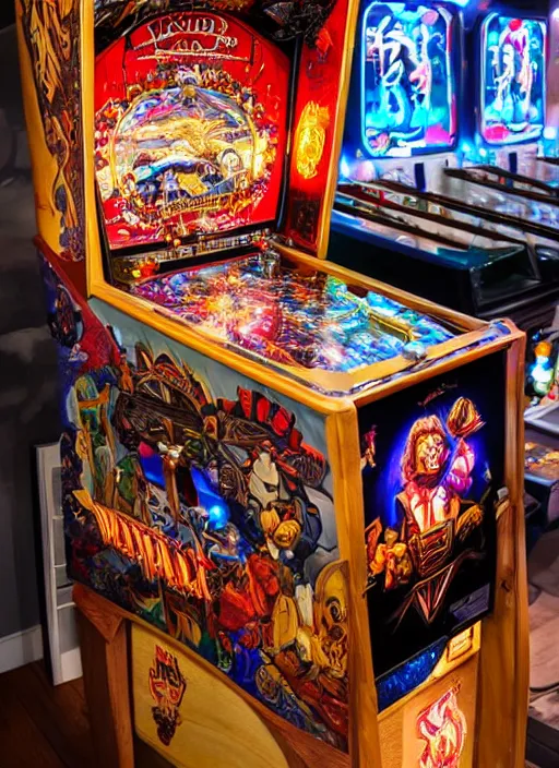 Image similar to a complex fancy wooden pinball machine that has fancy artwork inside with lights and pinball bumpers, wizard themed, front-view