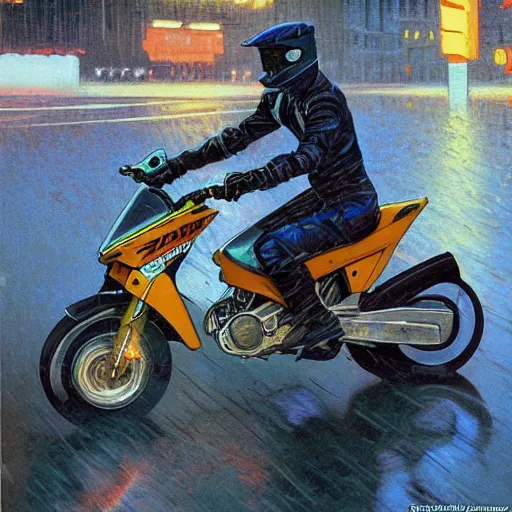 Image similar to futuristic drz 4 0 0 s time machine at night in the rain driving on the a city street by greg rutowski, by stanley artgerm, by alphonse mucha