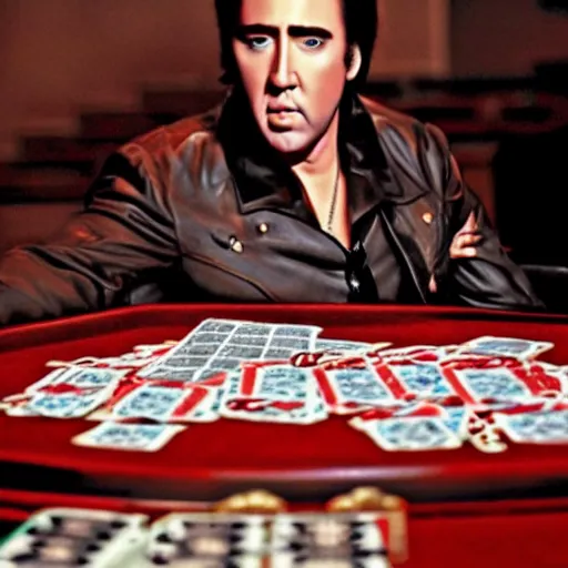 Image similar to nicolas cage as elvis presley playing the guitar over a poker table