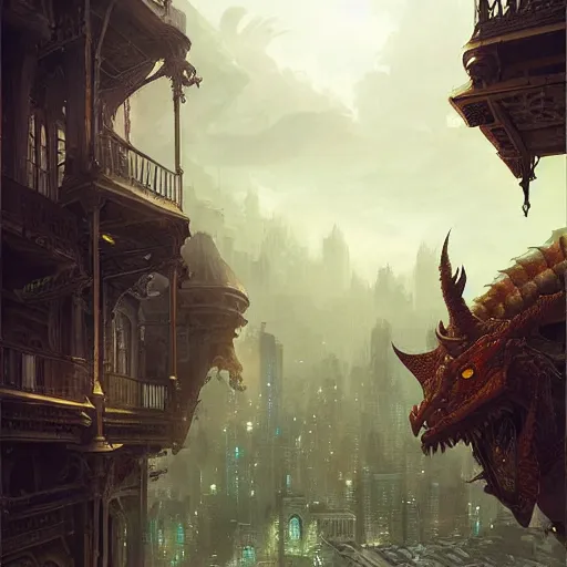 Image similar to a dragon, city background, dramatic light, gorgeous view, depth, high detail, digital art, painted by greg rutkowski, trending on artstation