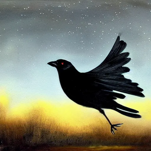 Image similar to a jackdaw with a hat jolts its neck as it takes flight in the night sky, a painting of nature in winter