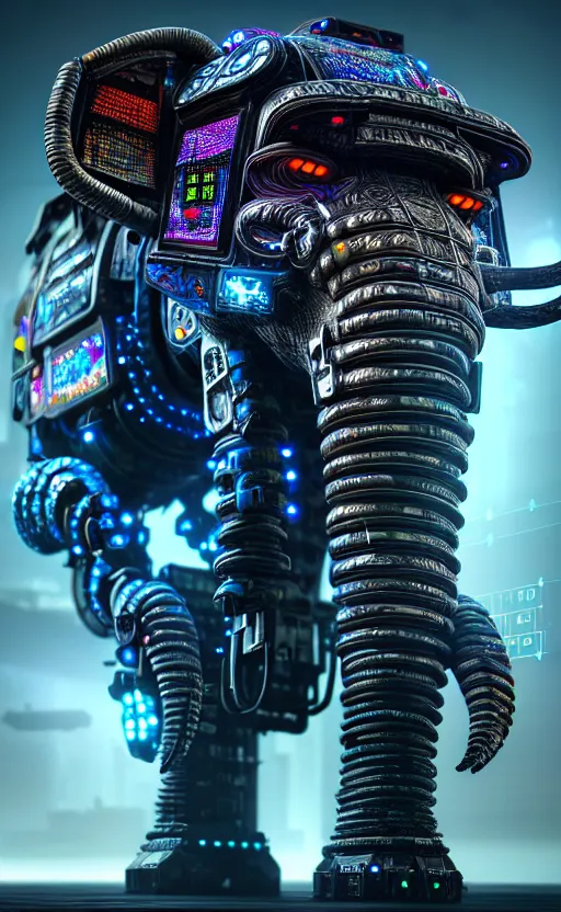 Image similar to hyper realistic and higly detailed photo of a cyberpunk mech elephant. full elephant is seen. intricate, wiring, electronic components, color diodes. volumetric light. professional digital art, lotr style, extremly detailed, trending on artstation, stuning, octane render, unreal engine 5, 8 k rendering.