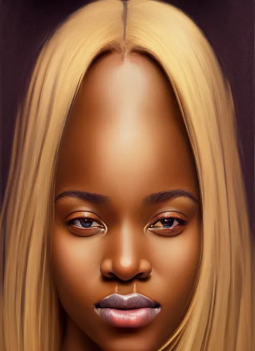 Image similar to beautiful igbo feminine face! portrait of young woman blessed by god with ever - increasing physical and mental perfection, blonde hair, symmetrical! intricate, elegant, highly detailed, vision of holy perfection!! smile, digital painting, artstation, concept art, smooth, sharp focus, illustration, art by artgerm and greg rutkowski and alphonse mucha