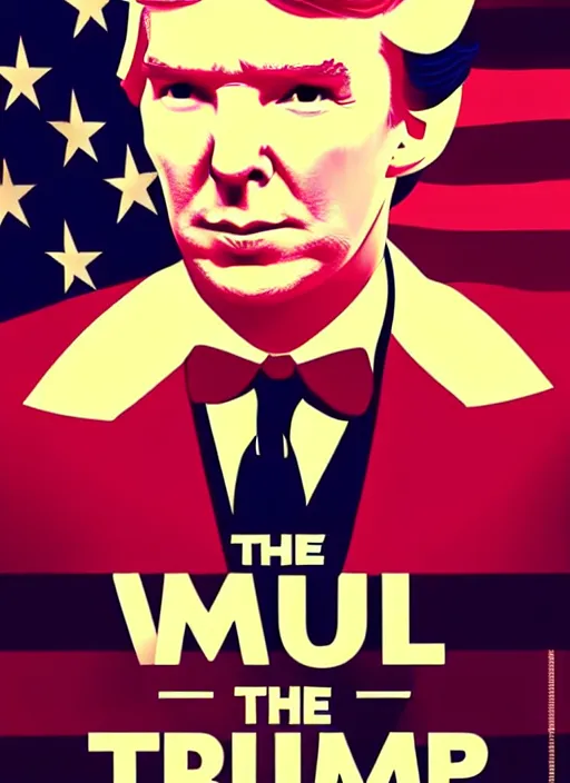 Prompt: the mogul, benedict cumberbatch is united states president donald trump, 8 0's movie poster, theatrical poster, vibrant fan art, digital art, trending on artstation, minimalist