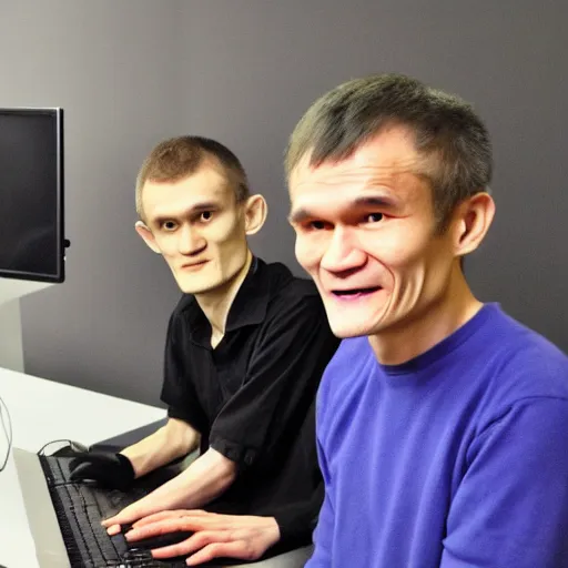 Prompt: picture of vitalik buterin and satoshin nakamoto in front of a computer