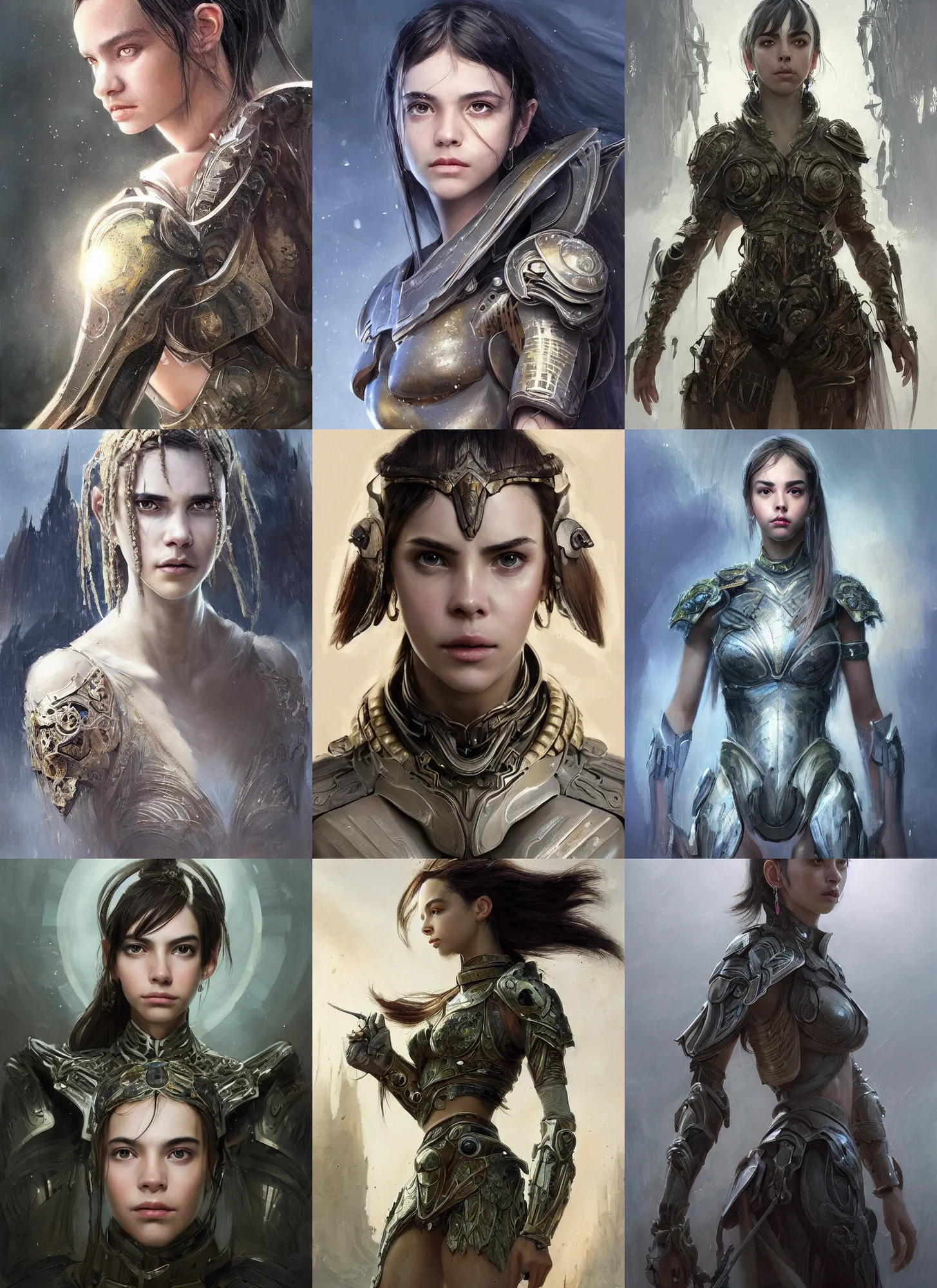 Image similar to a professional portrait of a beautiful young female, clothed in ethereal battle armor, olive skin, long dark hair, beautiful bone structure, symmetrical facial features, intricate, elegant, digital painting, concept art, smooth, sharp focus, finely detailed, illustration, from Valerian and the City of a Thousand Planets, in the style of Ruan Jia and Mandy Jurgens and Artgerm and Greg Rutkowski and William-Adolphe Bouguerea