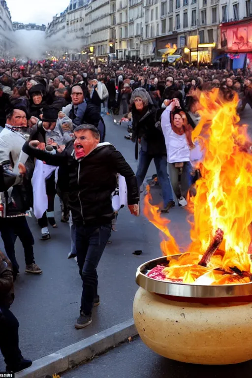 Image similar to the citizens of Paris start a riot and roll a giant fondue onto champs elysees