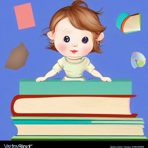 Image similar to a cute little girl with a round cherubic face, blue eyes, and short wavy light brown hair sitting on top of a stack of books. beautiful cartoon painting with flat colors and highly detailed face, outlining, children's storybook