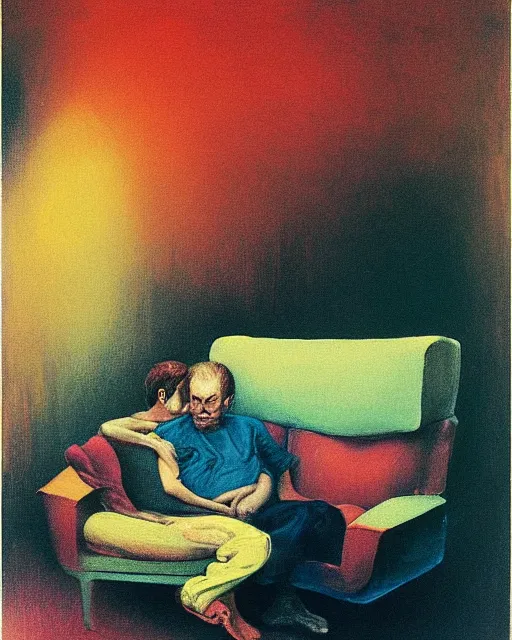 Prompt: early color photo of a very couple sitting on a couch in an old soviet apartment and looking at the scared enlightened boy flying up in sky,, Beksinski painting, painting by Gerhard Richter. Francis Bacon masterpiece, 2007 93 666. thick flowing expressive impasto acrylic painting