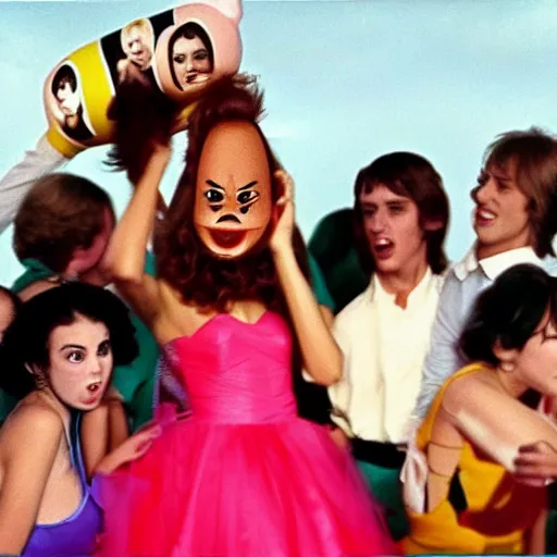 Image similar to a teenage girl with an inflatable head at the prom, the other students are laughing at her on the dancefloor, live-action john waters film, 1978, technicolor